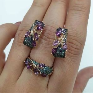 Purple Crystal Tree Rings & earrings set